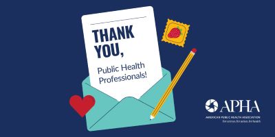 A letter saying "Thank You, Public Health Professionals" coming out of an envelope, with a pencil, a stamp and a heart