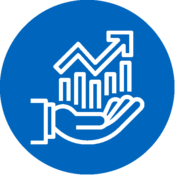 Icon of a bar graph with an arrow pointing up, all in the palm of a hand