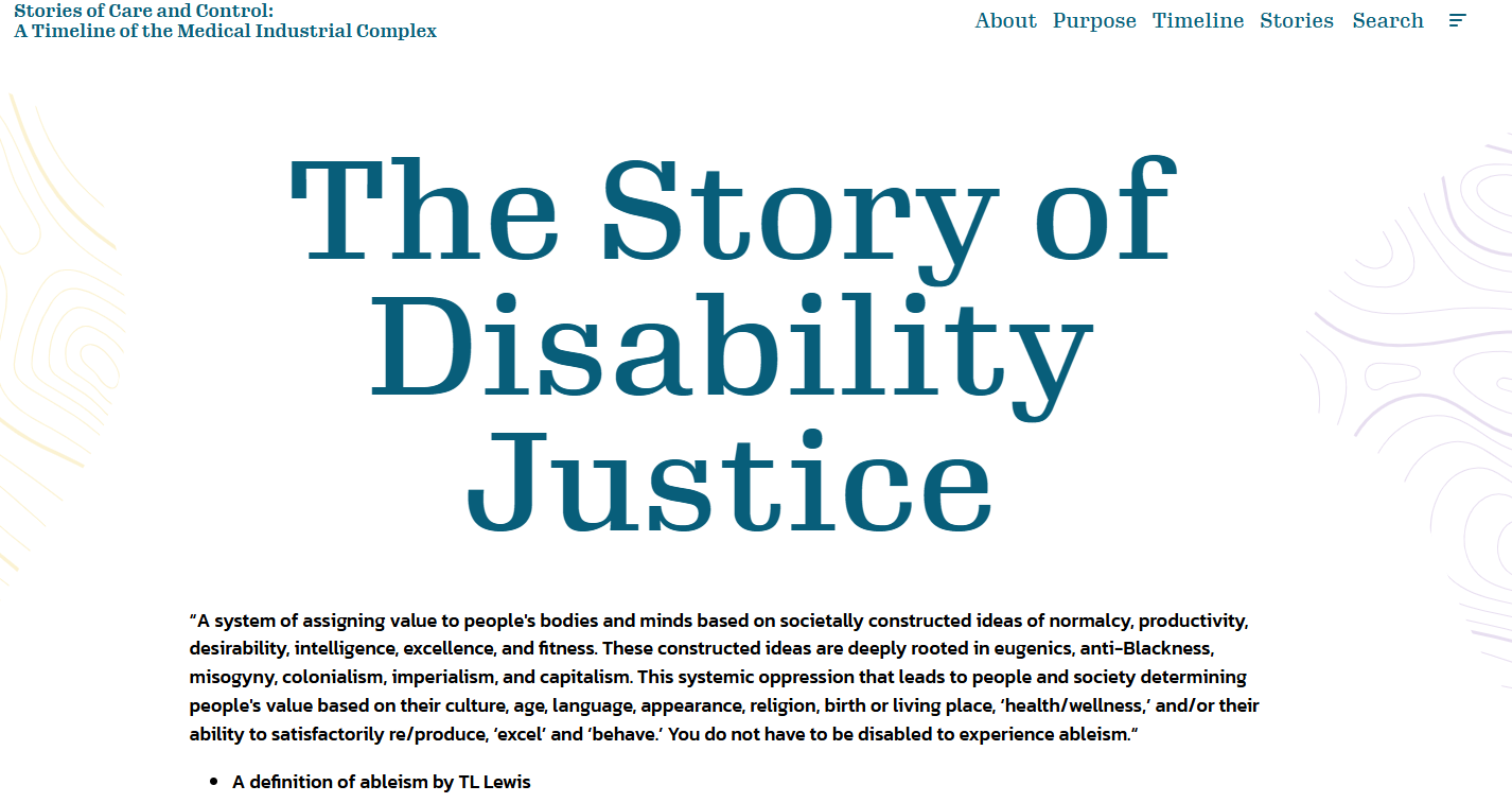Screenshot of the story of disability justice home screen 