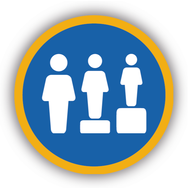 Equity icon showing people of different sizes standing on platforms so all are the same height